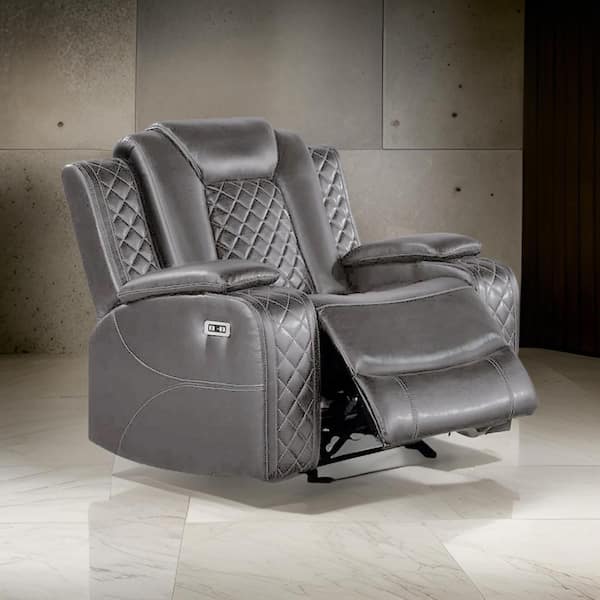 Benjara Aile Gray Faux Leather Glider Power Recliner Chair