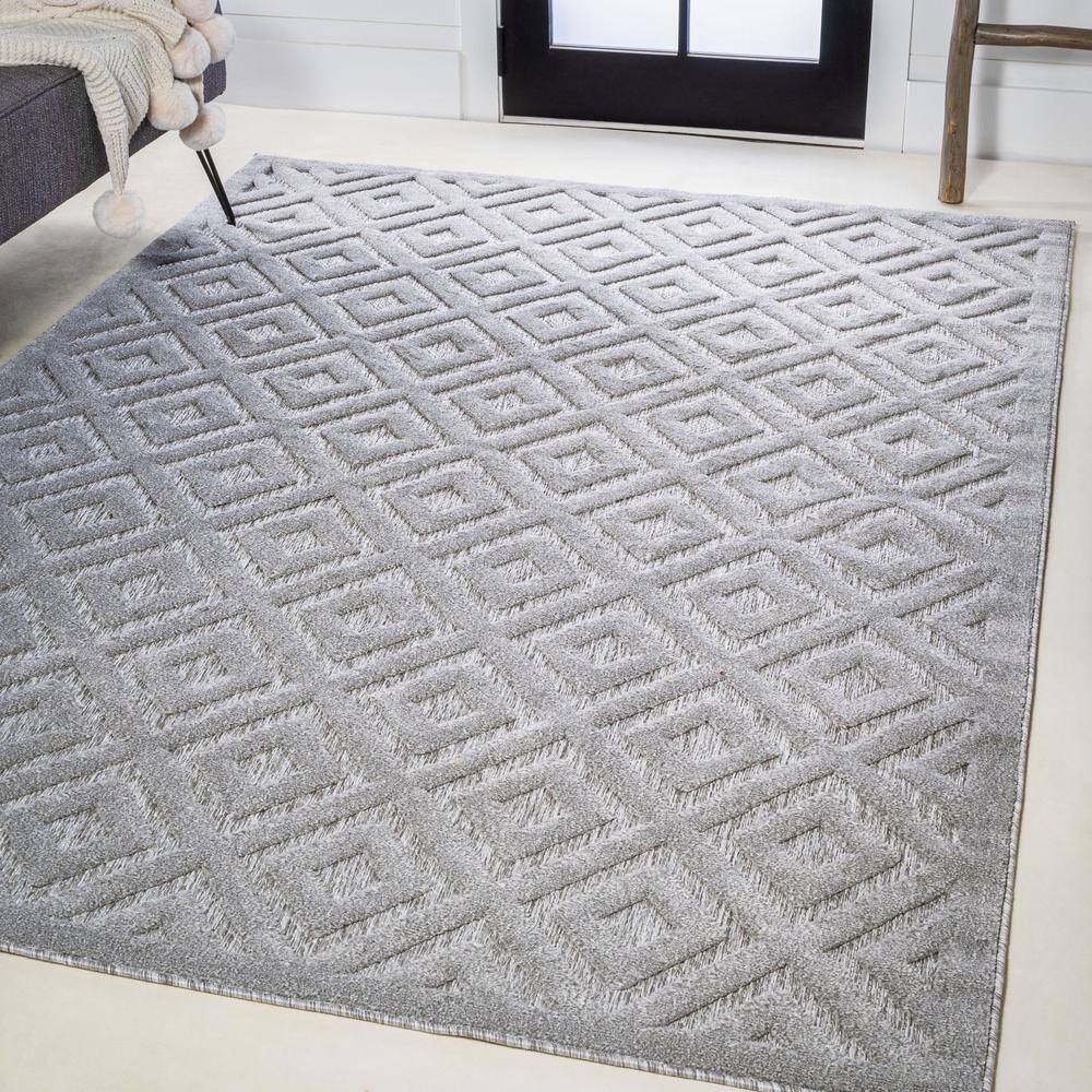 Elysian Light Gray Geometric Synthetic Indoor/Outdoor Rug