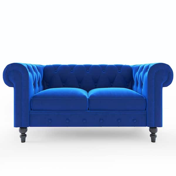 Grosofi Lissoni 61 in. Round Arm Velvet 2-Seater Chesterfield Straight Reclining Sofa in Navy Blue