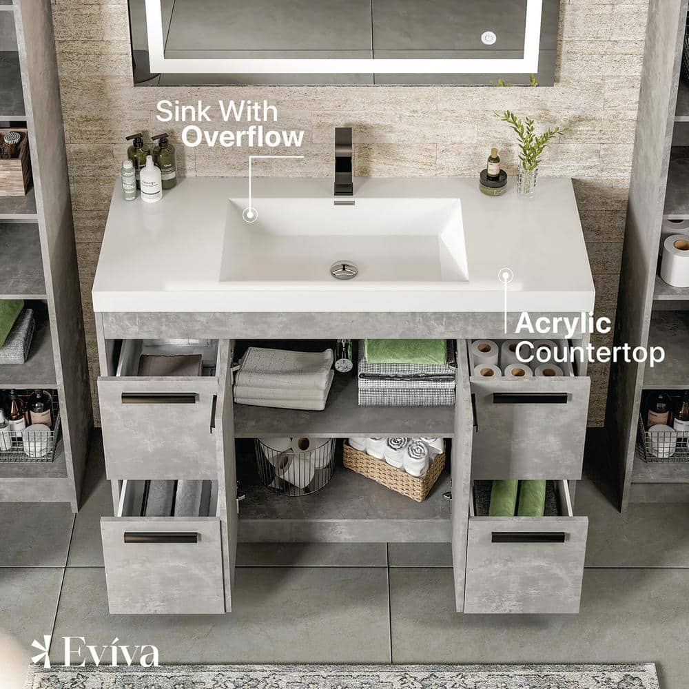 Lugano 48" Cement Gray Modern Bathroom Vanity with White Acrylic Sink