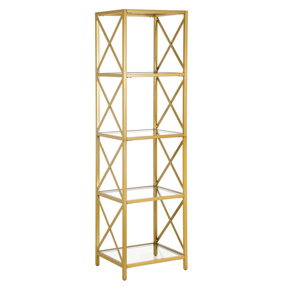 Modern Geometric 66" Brass Steel Bookcase with Tempered Glass Shelves