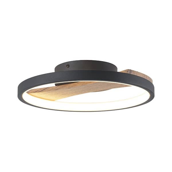 Moris 11.8 in. Modern Black Circle Round Wood Integrated LED Semi-Flush Mount Light