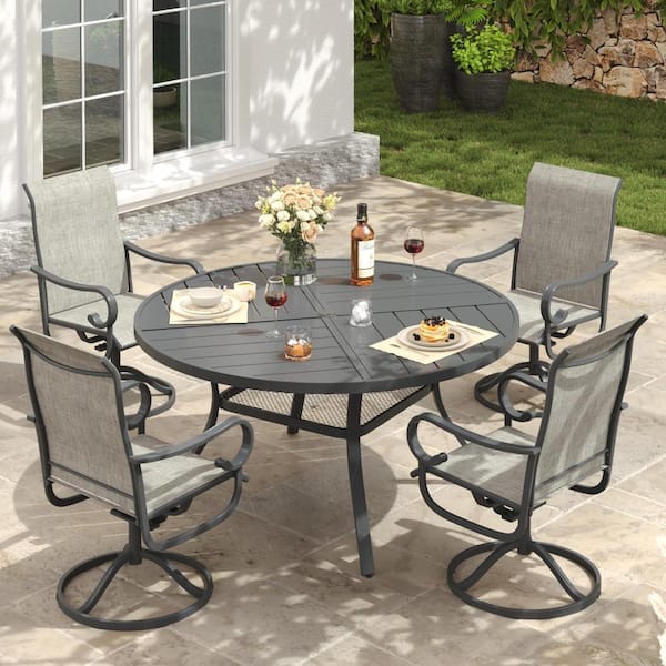 5-Piece Metal Round Outdoor Patio Dining Set with 47.2 in. Gray Table and 4 Gray Textilene Swivel Dining Chairs