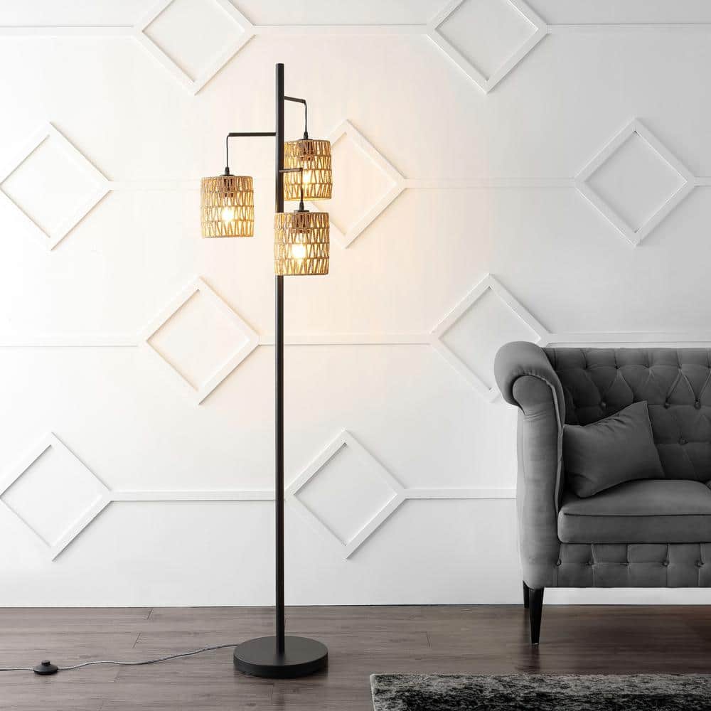 JONATHAN Y Isla 70.75 in. Black/Natural 3-Light Mid-Century