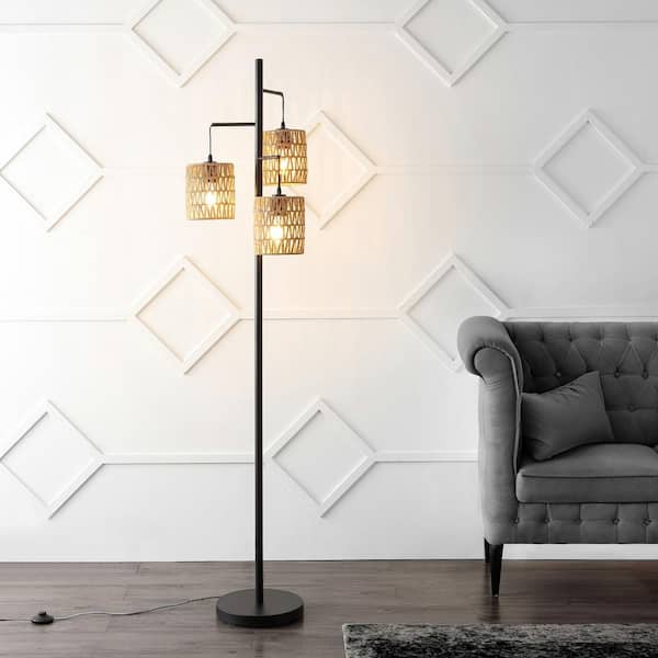 Isla 70.75 in. Black/Natural 3-Light Mid-Century Bohemian Metal/Rope LED Standard Floor Lamp