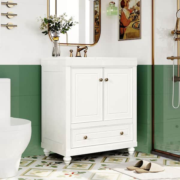 Qidian 30 in.W x 18 in.D x 34.88 in. H White Bathroom Vanity, with Doors and Drawer, Top with White Basin