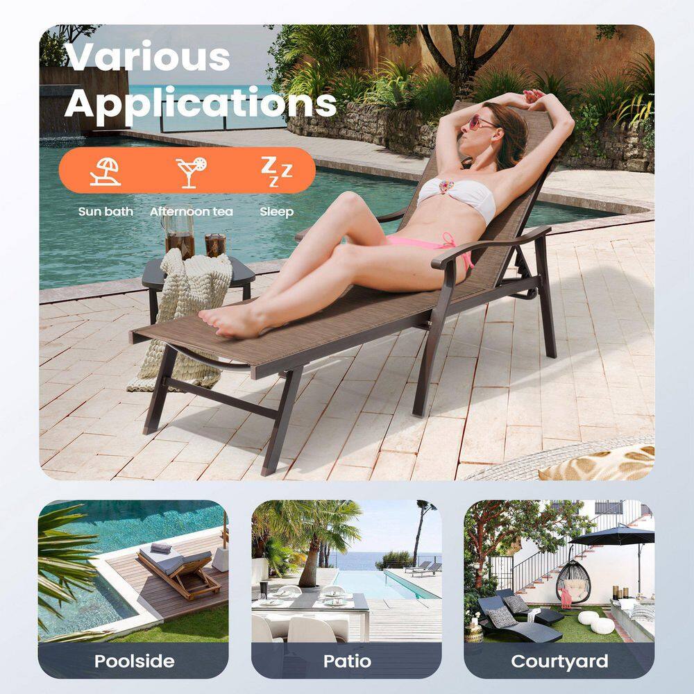 Brown Aluminum Adjustable Outdoor Chaise Lounge with Arms