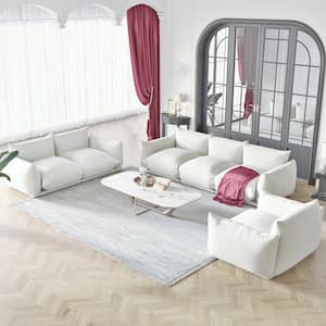 3-Pieces Modern Wide Square Shape Chenille Top Beige Sofa Couch Living Room Set (1-Seat Plus 2-Seats Plus 3-Seats)