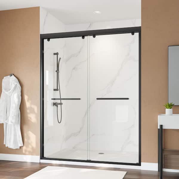 56-60 in. W x 76 in. H Framed Double Sliding Shower Door in Matte Black Finish with Easy-Clean Glass and Towel Bar