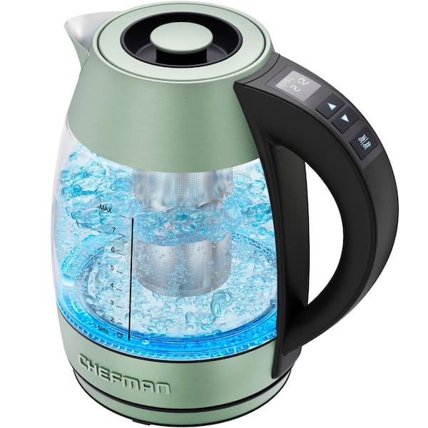 Chefman 7 Cup 1500-Watt Green Electric Glass Kettle with Digital Control, Rust and Discoloration Proof and Tinted Glass