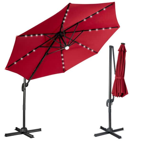 Clihome 10 ft. 28LED Lighted Cantilever Solar Patio Umbrella in Red with Crossed Base