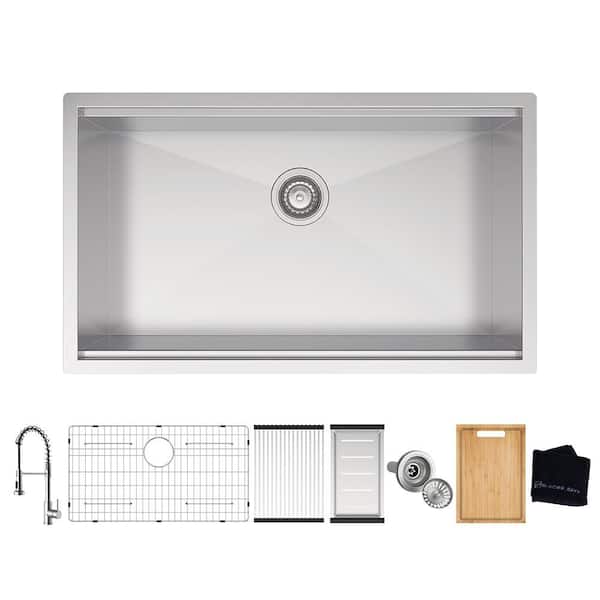 Zero Radius 32 in. Undermount Single Bowl 18 Gauge Stainless Steel Workstation Kitchen Sink with Spring Neck Faucet