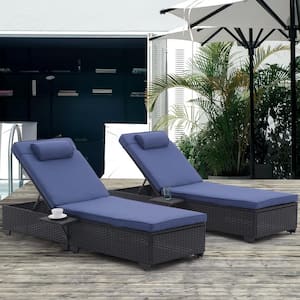 2-Piece Black PE Rattan Wicker Outdoor Patio Chaise Lounge Chair with Navy Blue Cushions and Adjustable Backrest