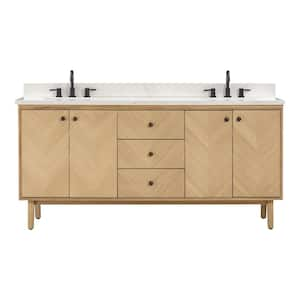 Adele 73 in. Double Sink Natural Oak Bath Vanity with Calacatta White Quartz Top