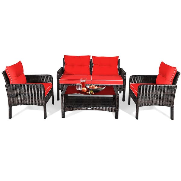 HONEY JOY 4-Piece Wicker Patio Conversation Set Rattan Loveseat Sofa Coffee Table and Glass Top with Red Cushions