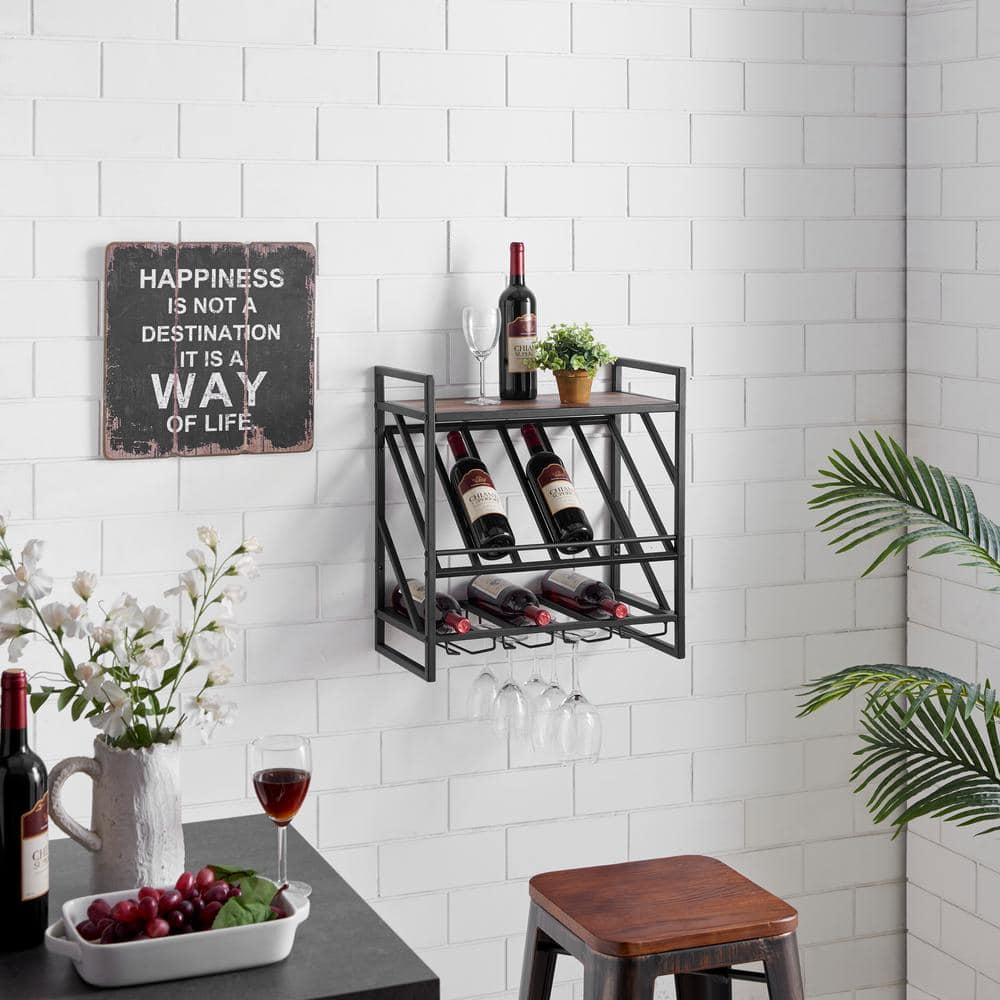 Industrial Wall Mount Metal Wine Rack with Distressed Wood Shelf