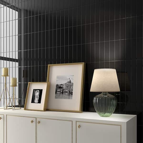 Arte Black 1.97 in. x 7.87 in. Glossy Ceramic Subway Wall and Floor Tile (5.38 sq. ft./case) (50-pack)