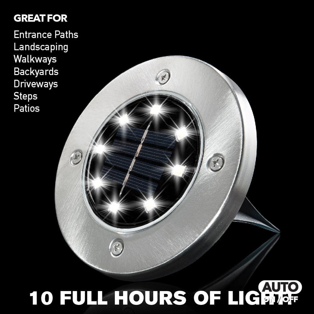 Stainless Steel Solar-Powered LED Pathway Disk Lights, 4-Pack