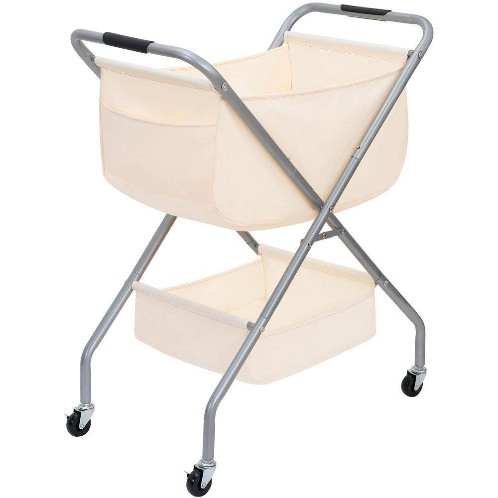 31.5 in. H Beige Collapsible Laundry Cart with Wheels, Canvas Liner Sturdy Steel Frame Folding for Easy Storage