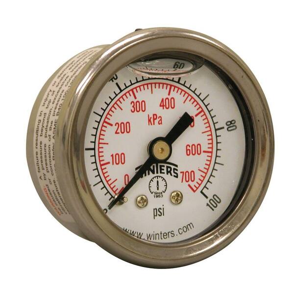 Winters Instruments PFQ Series 1.5 in. Stainless Steel Liquid Filled Case Pressure Gauge with 1/8 in. NPT CBM and Range of 0-100 psi/kPa