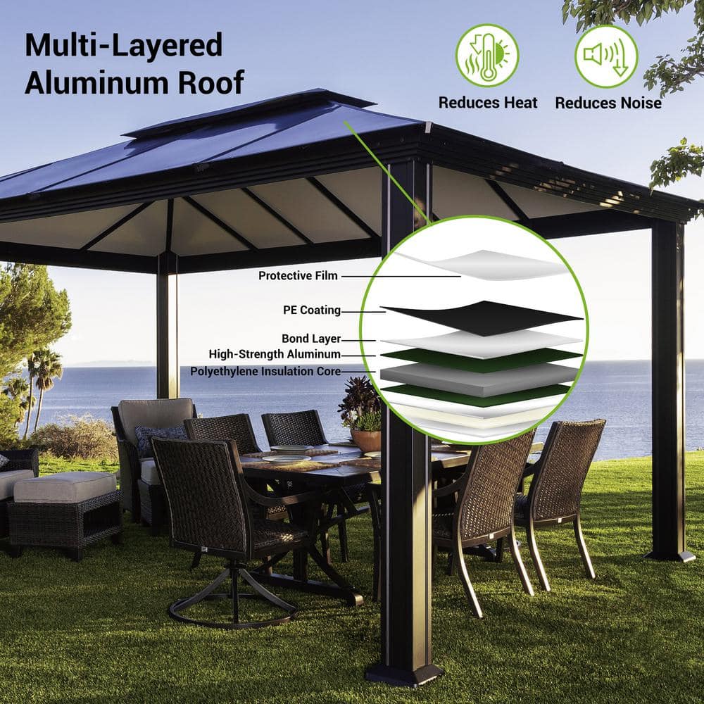 Santa Monica 10x12 Black Aluminum Hard-Top Gazebo with Netting