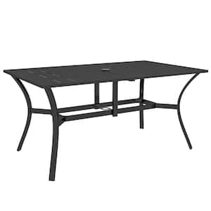 59 in. Black Rectangular Steel Outdoor Dining Table with Umbrella Hole for 6 People