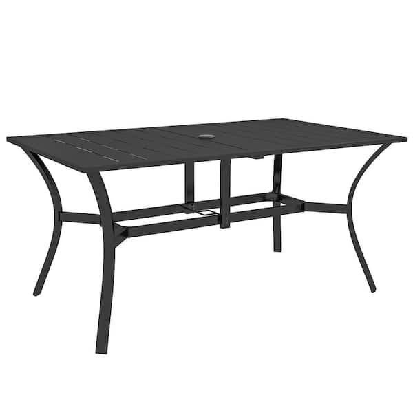 ToolCat 59 in. Black Rectangular Steel Outdoor Dining Table with Umbrella Hole for 6 People
