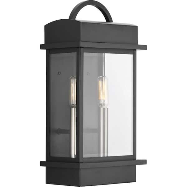 Progress Lighting Santee Collection 2-Light Matte Black Clear Beveled Glass Farmhouse Outdoor Large Medium Lantern Light