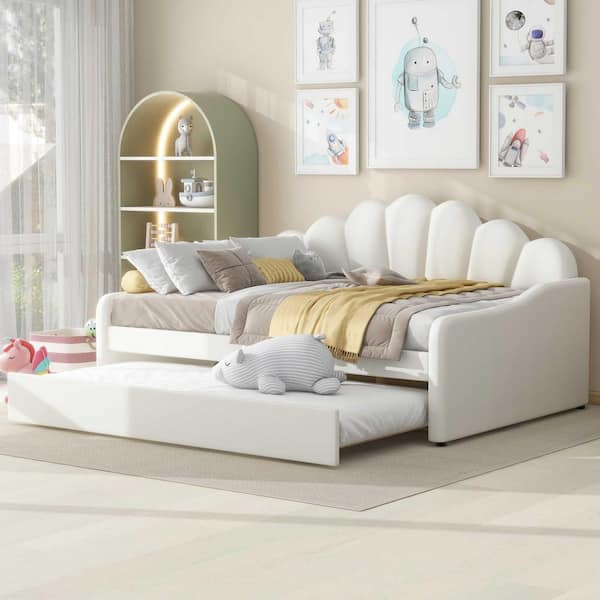 Polibi White Full Size Upholstery Daybed Frame with Shall Shaped Backrest and Trundle
