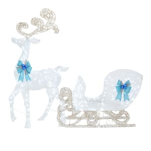Icicle Shimmer 65 in. LED Lighted White Reindeer and 46 in. LED Lighted White Sleigh with Blue Bows