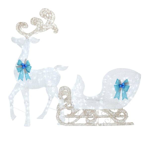Home Accents Holiday Icicle Shimmer 65 in. LED Lighted White Reindeer and 46 in. LED Lighted White Sleigh with Blue Bows