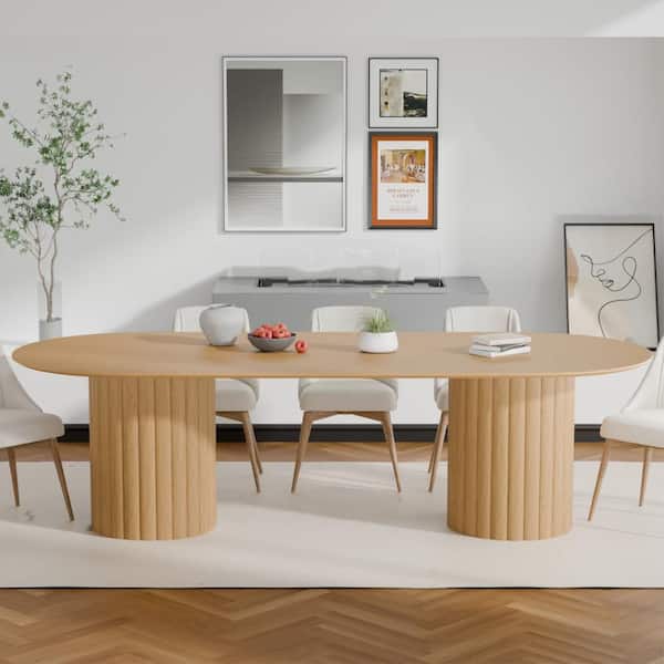 Oval Natural Wooden Solid Wood 86 in. Double Pedestal Base Wood Dining Table (Seats 10)