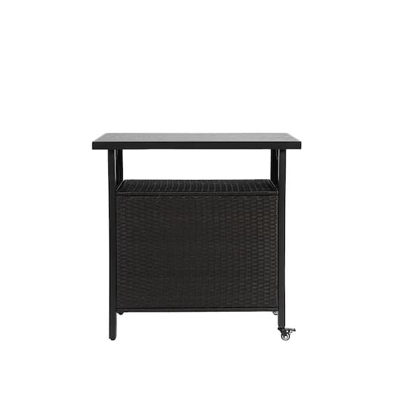 Black Wicker Outdoor Bar Cart Patio Wine Serving Cart Rolling Rattan Bar Counter Table with Wheels and Storage