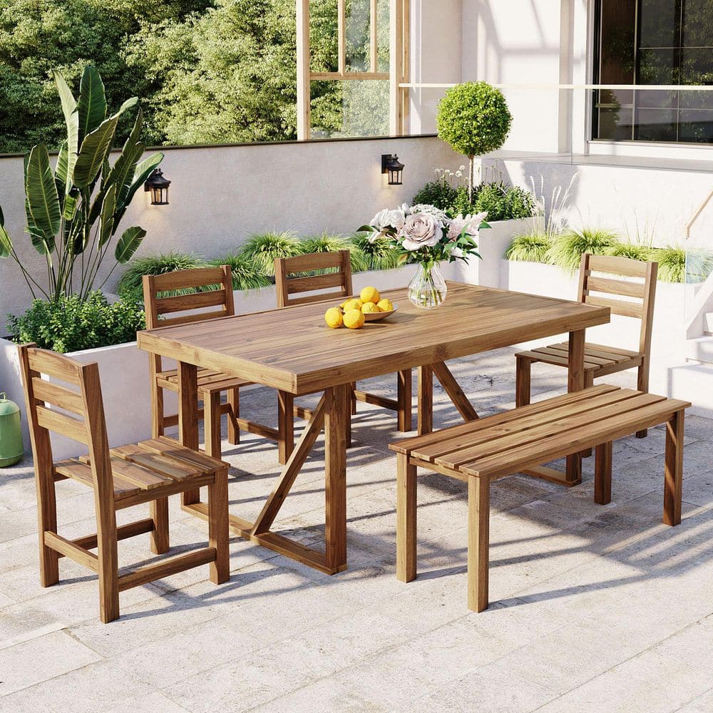 6-Piece Patio Wood Outdoor Dining Set w/Bench+4 Single Chair, All