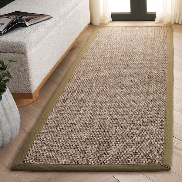 Natural Fiber 3 ft. x 8 ft. Natural/Olive Abstract Solid Border Runner Rug