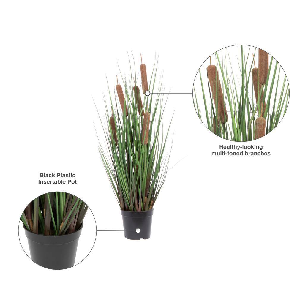 24" Green Plastic Potted Grass with Brown Cattails