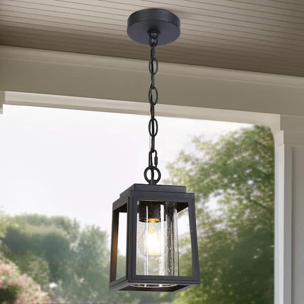 Uolfin 9.8 in. 1-Light Black Modern Dimmable Rectangle Outdoor Porch Pendant Light Industrial Lantern with Seeded Glass