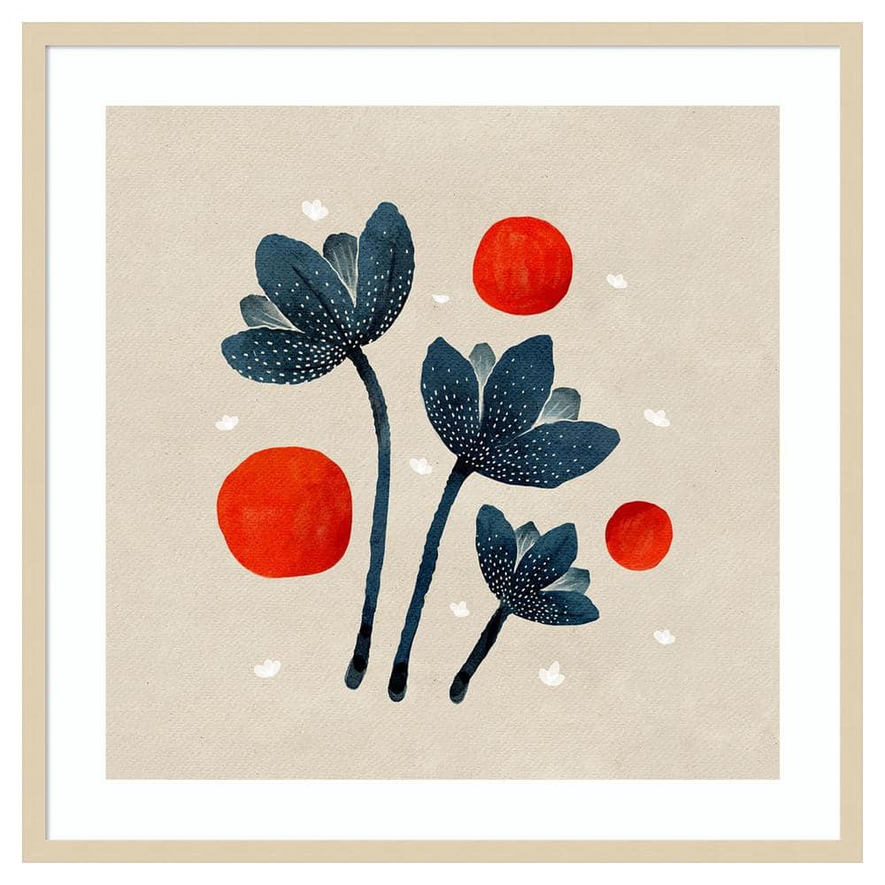 Blue Flowers II Abstract Framed Print with Natural Wood Frame