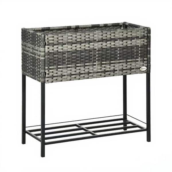 27.5 in. L x 11.75 in. W x 27.5 in. H Gray Raised Garden Bed with Rattan Look-Tool Storage Shelf for Vegetables, Flowers