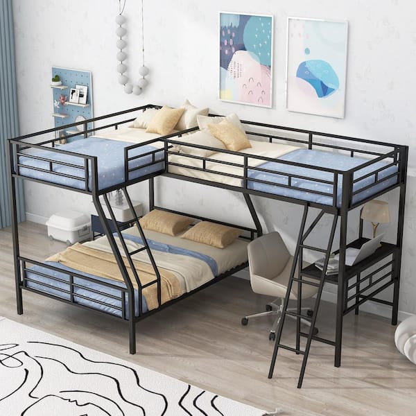 Harper & Bright Designs Black Twin Over Full Bunk Bed with Twin Size Loft Bed and Desk