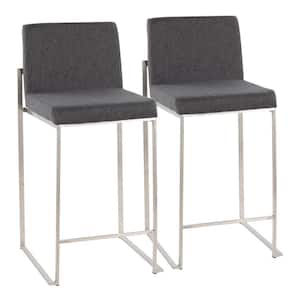 Fuji 35.5 in. Charcoal Fabric and Stainless Steel High Back Counter Height Bar Stool (Set of 2)
