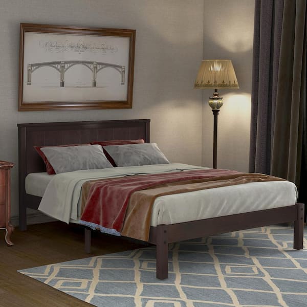Harper & Bright Designs Modern Espresso (Brown) Wood Frame Twin Size Platform Bed with Headboard, Solid Wood Legs and Support Slats