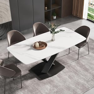 70.87 in. Rectangle White and Black Sintered Stone Tabletop Dining Table with Carbon Steel Base (Seats 8)