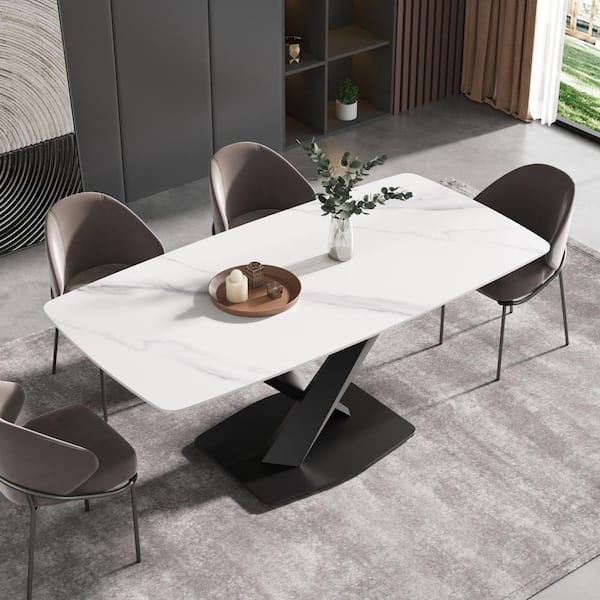 70.87 in. Rectangle White and Black Sintered Stone Tabletop Dining Table with Carbon Steel Base (Seats 8)