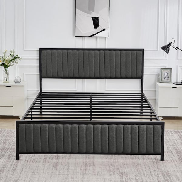 Bed Frame, Gray Metal Frame, Queen Platform Bed with Heavy-Duty Metal Foundation, Upholstered Headboard Bed