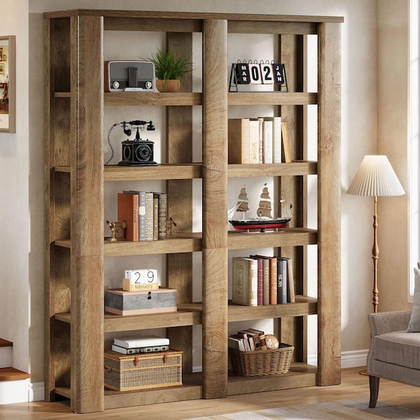 71 in. Tall Rustic Brown Wood 6-Shelf Bookcase with Storage Shelves, Farmhouse Freestanding Bookshelf for Home Office