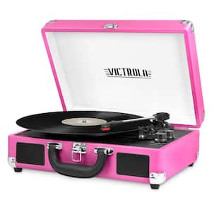 Bluetooth Suitcase Record Player with 3-Speed Turntable, Pink