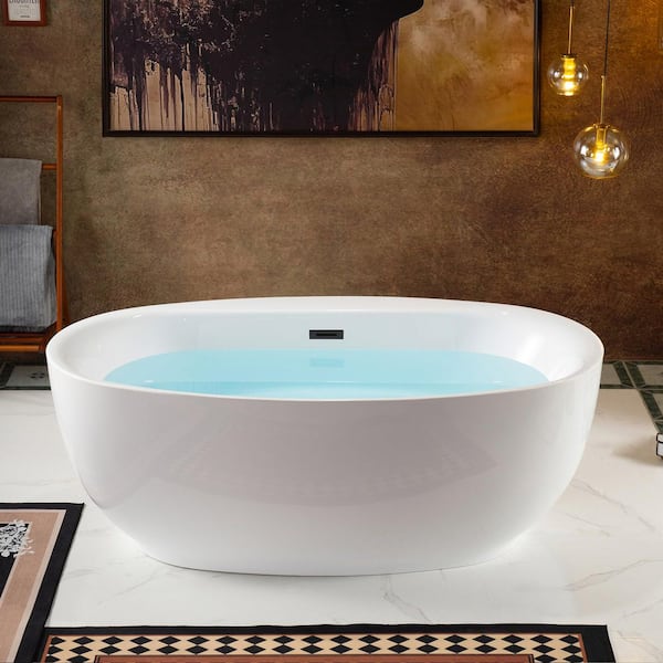 66 in. L x 36 in. W Acrylic Flatbottom Freestanding Soaking Bathtub in White with Matte Black Drain