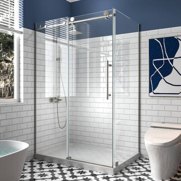 ES-DIY 44-48 in. W x 32 in. D x 72 in. H Frameless Corner Sliding Shower Door Enclosure in Brushed Nickel 3/8 in. Clear Glass