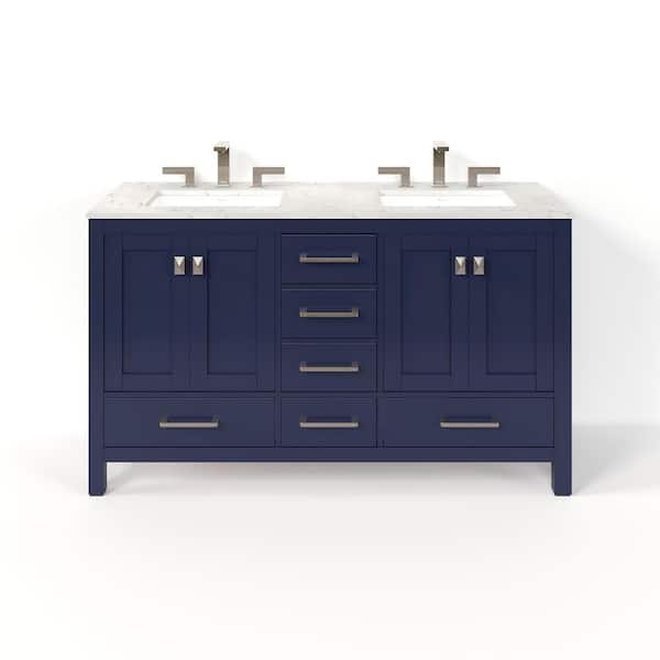 Eviva Aberdeen 60 in. Double Sink Blue Bath Vanity with White Carrara Quartz Top (Assembled)